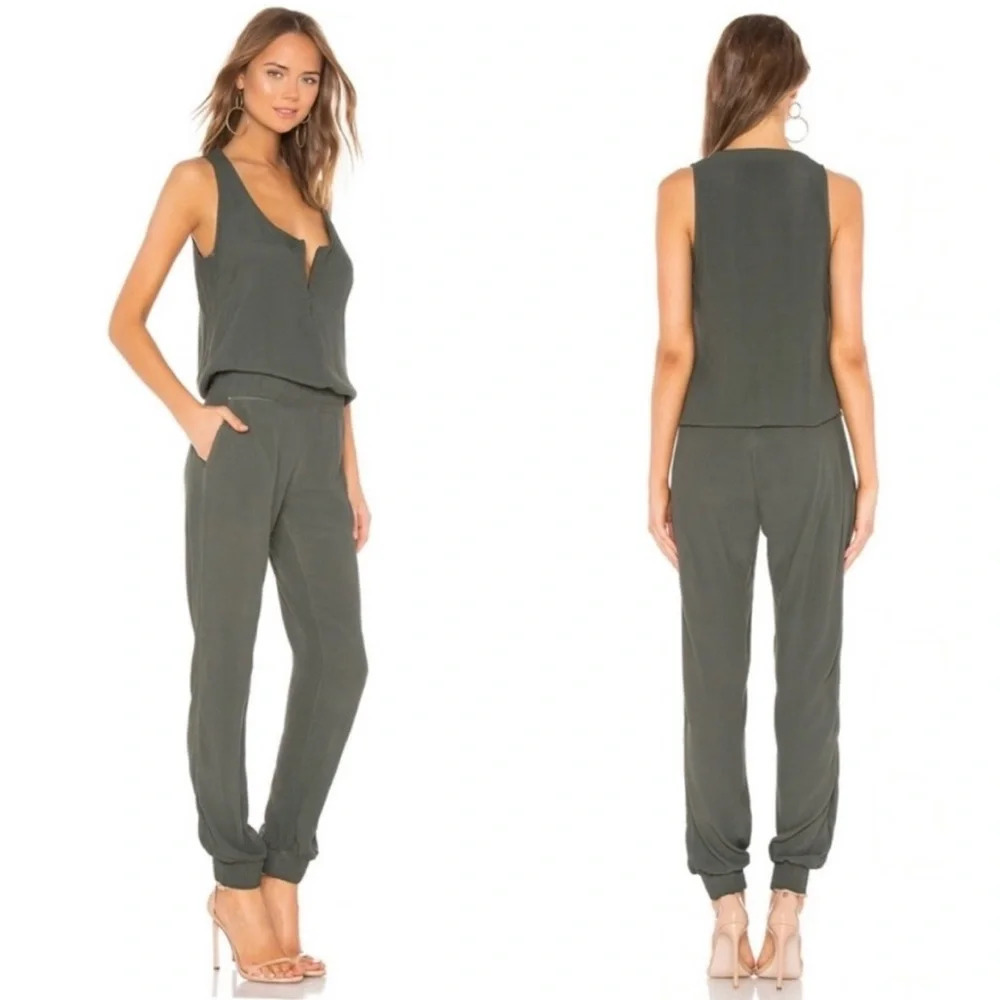 Monrow‎ × Revolve Crepe Zip Jumpsuit Camo Green Lightweight Pockets Jumper